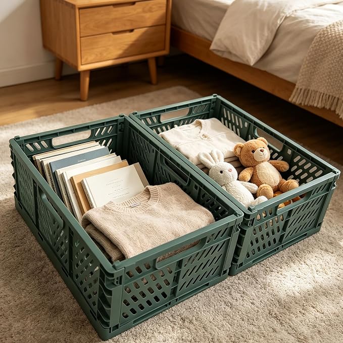 Tobeso-Nuoze 2 Pack Pastel Plastic Storage Baskets-20L Space-Saving Bins | Plastic Collapsible Storage Crates Foldable Plastic Crates for Storage Collapsible Crates for Organizing (Dark Green)