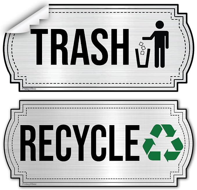 Recycle and Trash Stickers for Kitchen Trash Cans and Recycling Bins, Indoor Trash and Recycle Sticker Combo for Garbage Can Logo Symbol, 2 Silver Decals, 6.5" x 3" Elegant Style with Split-back