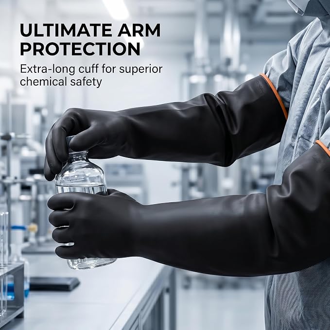 Heavy Duty Latex Gloves, Chemical Resistant Work Gloves - Waterproof, Resist Acid, Oil, Alkali - Extra Long Industrial Rubber Safety Glove for Sandblasting & Deep Tank, 22in, 6 Pairs