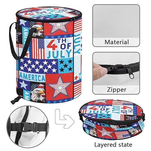 24Gal July 4th Eagle Collapsible Trash Can - Waterproof Pop-Up Bin w/Lid for Camping & Backyard | Leakproof Yard Waste Bag (Patriotic Decor)
