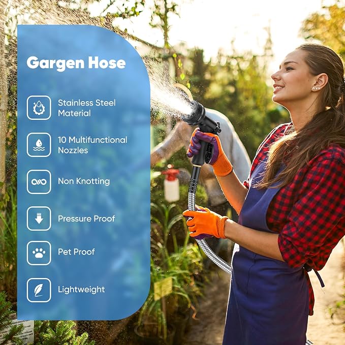 Garden Hose, Water Hose with 10 Function Nozzles, No Kinks, Flexible Hose, Lightweight, Puncture Proof Hose for Yard and Outdoor（53FT）