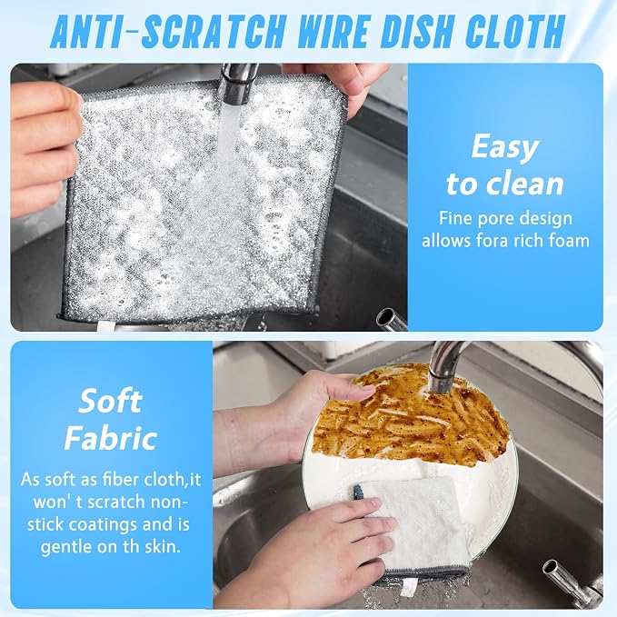 Wangjinpeng 10PK 4-Layer Non-Scratch Wire Dishcloths,7.87 x 7.87 in | metal scrubber,wet & dry clening,multipurpose cleaning cloths for dishes,great for cookware, sinks, dishes and stove tops