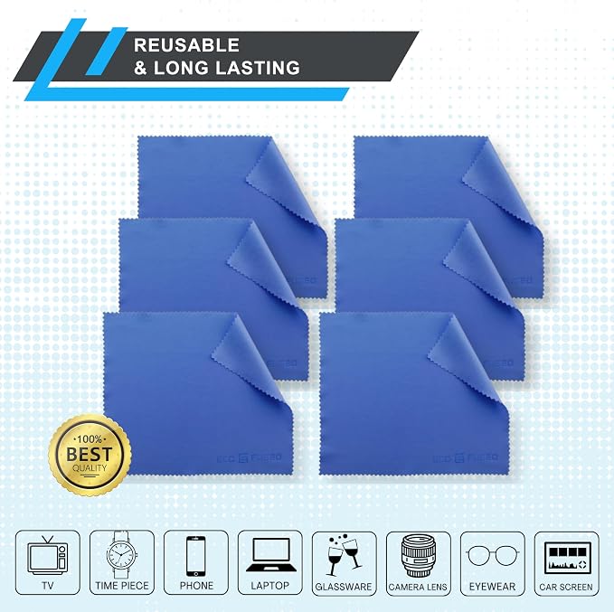 Eco-Fused Microfiber Cleaning Cloth - 7x6'' Microfiber Cloth - Pack of 6 Blue Lens Cleaning Wipes - Cleaning Cloth for Glasses, Eyeglasses, Camera Lens & Phones