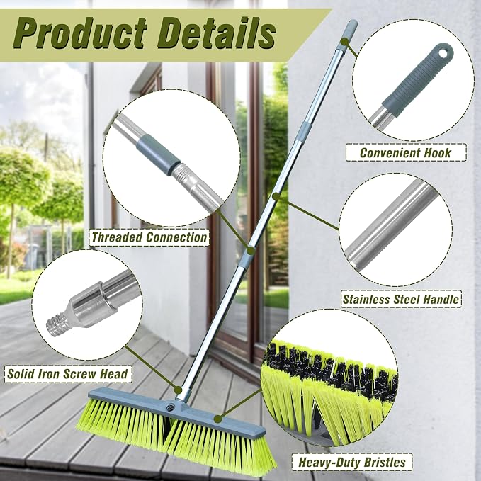 18" Push Broom with 47" Long Handle, Multi-Surface Floor Scrub Brush for Cleaning Deck, Patio, Garage, Driveway | Multi-Surface Floor Scrub Brush for Cleaning Deck, Patio, Garage, Driveway