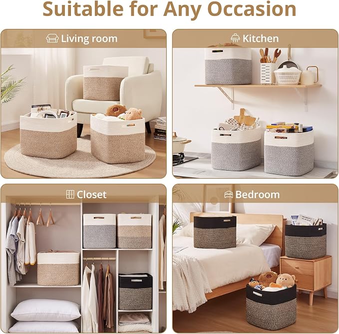 OIAHOMY 13 Inch Cube Storage Bins, 3-Pack Cotton Rope Woven Baskets for Organizing, Insert Storage Baskets for Shelves, Baby Nursery, Closet Organizer, 13 * 13 * 12.6IN, Black & Mixed Brown