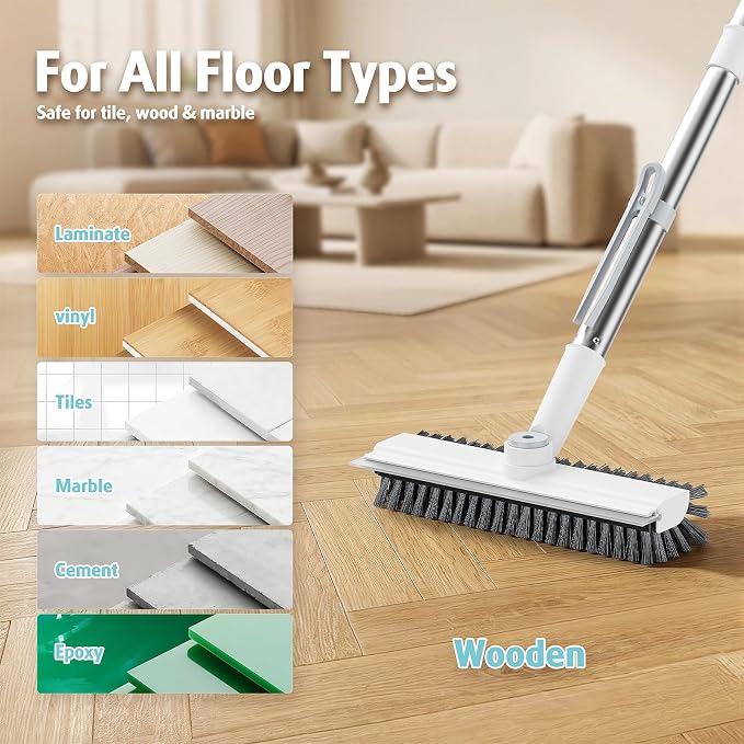 AIR U+ Floor Scrub Brush with Long Handle, 4 in 1 Floor Scrubber & Squeegee | Small Scrubber with Stiff Dual-Sided Bristles and Rotating Head for Shower, Bathroom, Bathtub, Kitchen and Patio, White