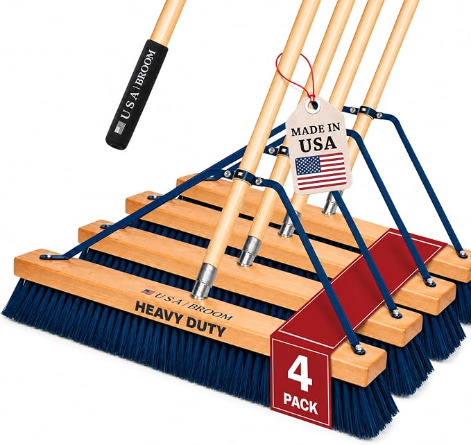 4-Pack - 24" Heavy Duty Outdoor Push Broom with 60" Handle. Ideal for Asphalt, Concrete & Heavy Debris. Durable American Made Steel Brackets-Stainless Steel Hardware. No Plastic. 100% USA Made