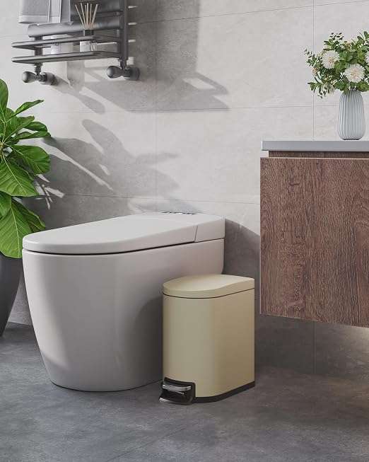 GarveeHome 1.6 Gal Step-On Trash Can, Stainless Steel Small Bathroom Garbage Bin with Soft Close Lid, Slim Space-Saving Design, Removable Inner Bucket for Bathroom, Bedroom, Office, Sand Beige