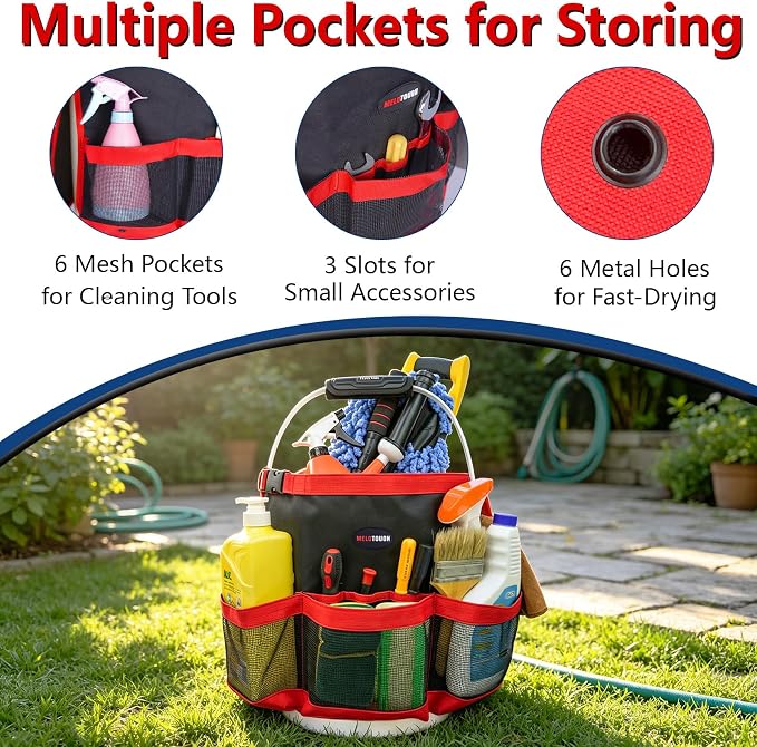 MELOTOUGH Bucket Car Wash Tool Organizer for Garden | Multiple Compartments, Fit 3.5-5 Gal Buckets, Classic Red, Durable Mesh Pockets, Water-Resistant, Easy To Carry