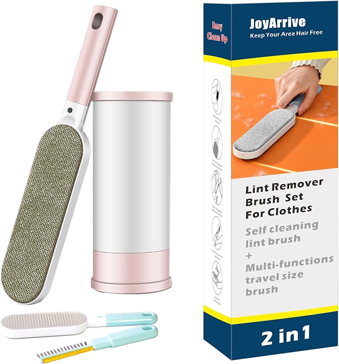 2PCS Lint Brushes for Clothes, Cat Dog Hair Remover for Lundary, Self-Cleaning Lint Remover for Bed Sofa Coat, Best Hair Cleaning Brushes Better Than Lint Roller (Large Pink and Mini Blue)