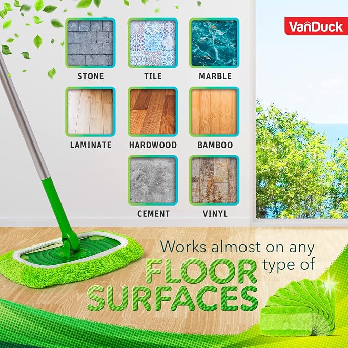 VanDuck Reusable Microfiber Mop Pads for Swiffer Sweeper (2-Pack), Green | Handle not included, machine washable wet & dry mopping cloths, mop head replacement floor cleaning