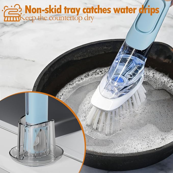 RIMAY Soap Dispensing Dish Brush Set with 2 Brush Refills and Holder | Dish Scrubber with Handle Kitchen Dishwashing Brush Dish Wand for Dishes, Pans, Pots And Sink, Blue