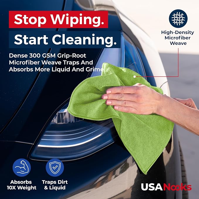 USANOOKS Premium 300GSM Microfiber Cleaning Cloth - 12.5"x12.5" High Performance - 1200 Washes, Ultra Absorbent Microfiber Towels for Cars Undercarriage, Rims & Engine Bay Cleaning - Microfiber Cloth