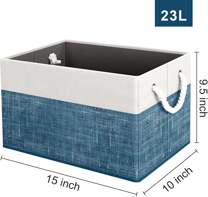 Storage Bins 6-Pack, Foldable Storage Baskets for Organizing Toys, Books, Shelves, Closet, Large Storage Box with Rope Handles, Sturdy Organizer Bins, White & Blue