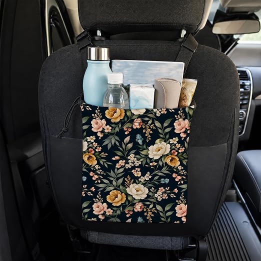 Rustic Floral Botanical Car Trash Bag Hanging for Back Seat | Cottagecore Wildflower Canvas Drawstring Car Garbage Bag with Adjustable Buckle Vehicle Trash Can