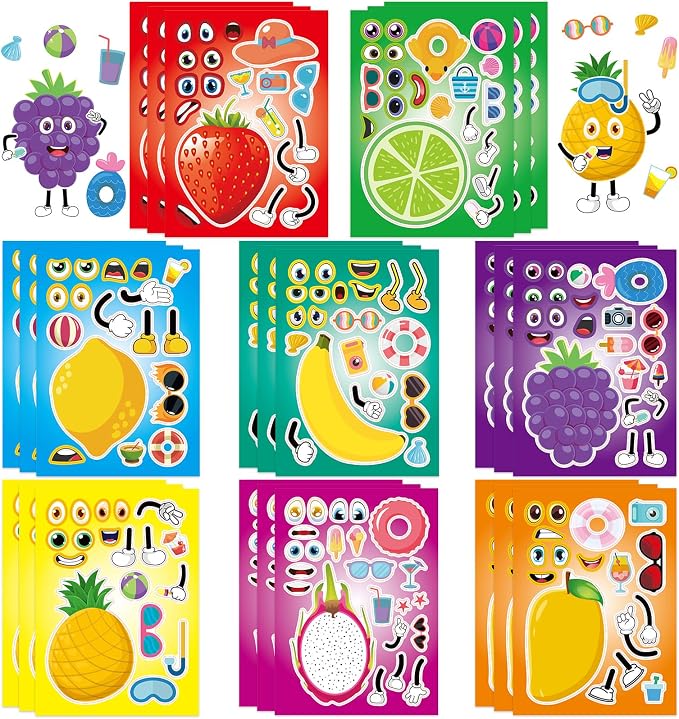 24 Sheets Fruit Make a Face Sticker, Make Your Own Fruit Stickers Mix and Match Sticker for Home School Classroom Crafts Activities Reward Birthday Party Favors