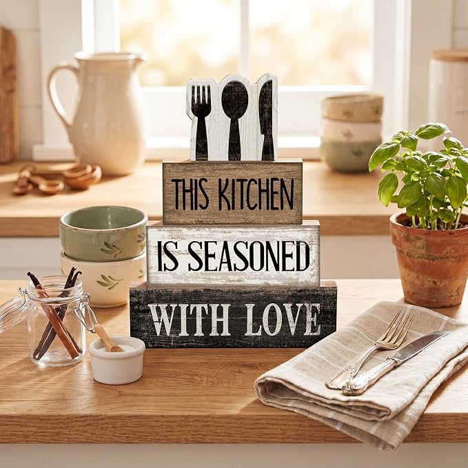 Moucuny 4 Pcs Kitchen Decor Wooden Signs, Farmhouse Tableware Tiered | Rustic Block Signs for Kitchen Shelf, Stackable Tiered Centerpiece, Cutlery Theme Rules Sign, Farmhouse Accessories