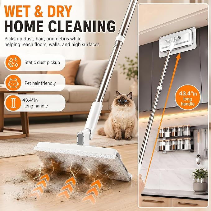 Hands Free Flat Mop, 43.4" Handle, Shark Grip, 2-in-1 Mop & Glass Scrubber | Clamp Mop: Zero-Touch Release, Works with Any Fabric, Long Handle No Bending, Glass Squeegee