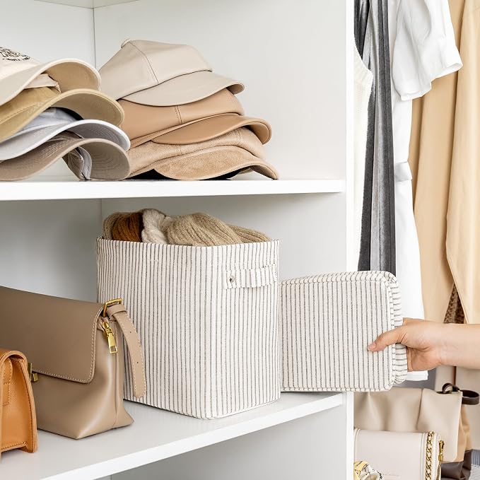 StorageWorks Narrow Storage Bins, Tall Storage Basket, 2-Pack | Khaki and Beige Stripes, Reinforced Handles, Sturdy Structure, For Bathroom, Closet, Shelf, Storage Makeup, Socks, Underwear