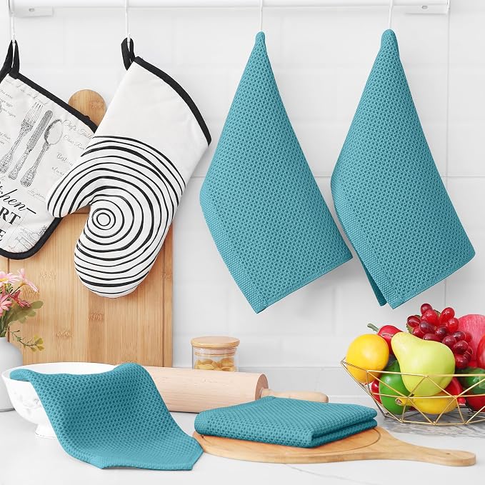 Homaxy 100% Cotton Waffle Weave Kitchen Dish Cloths 12-Pack, Lake Blue | 12 x 12 Inches, Ultra Soft Absorbent Dish Towels, Quick Drying Dish Rags with Hanging Loop