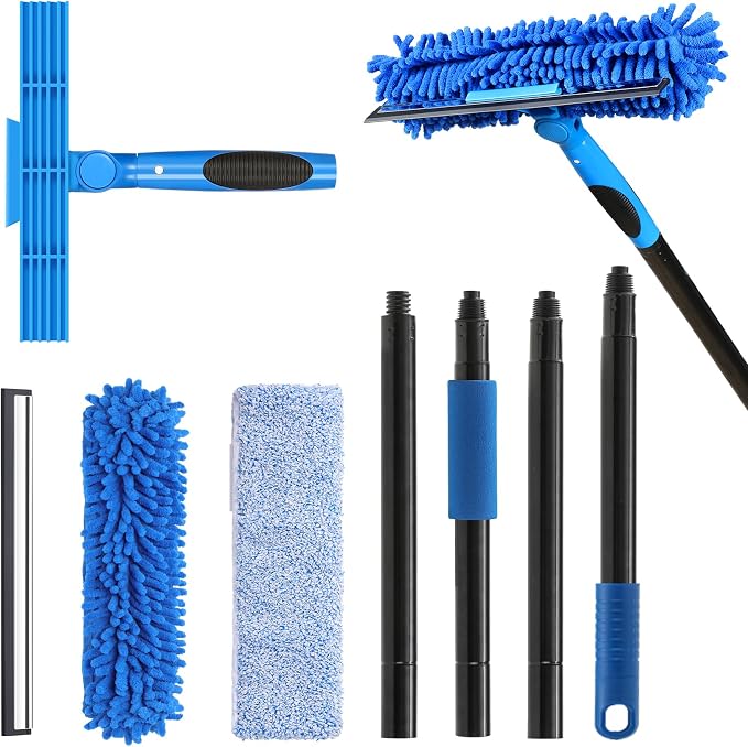 VITEVER Professional 69'' Window Squeegee Cleaner Tool with Extension Pole, 2-in-1 Squeegee for Window Cleaning Kit with Scrubber and Rotating Head, 1 Blade 2 Scrubber