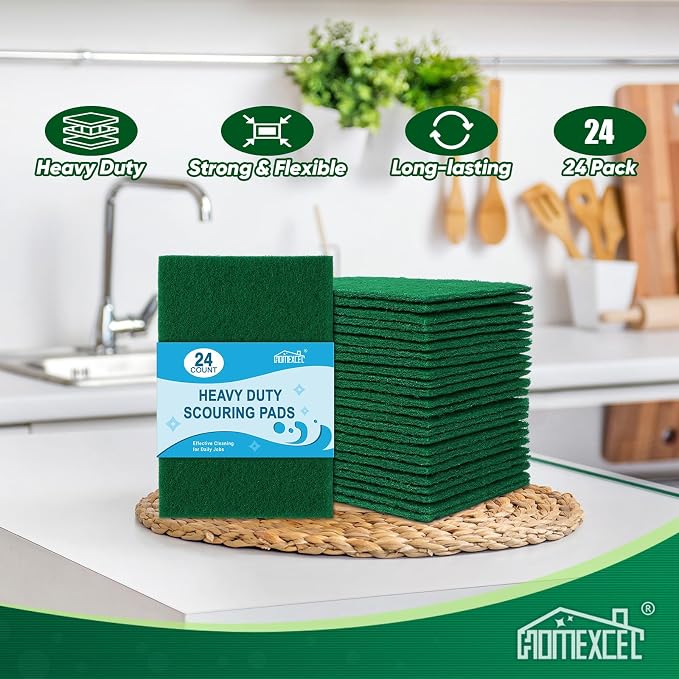 HOMEXCEL Heavy Duty Scouring Pads, 24 Pack Green Scrub Pads for Cleaning | Multipurpose Scrubbing Pads for Dishes, Pots, Pans, Metal Grill, Kitchen, Household, Reusable Cleaning Dish Scrubber