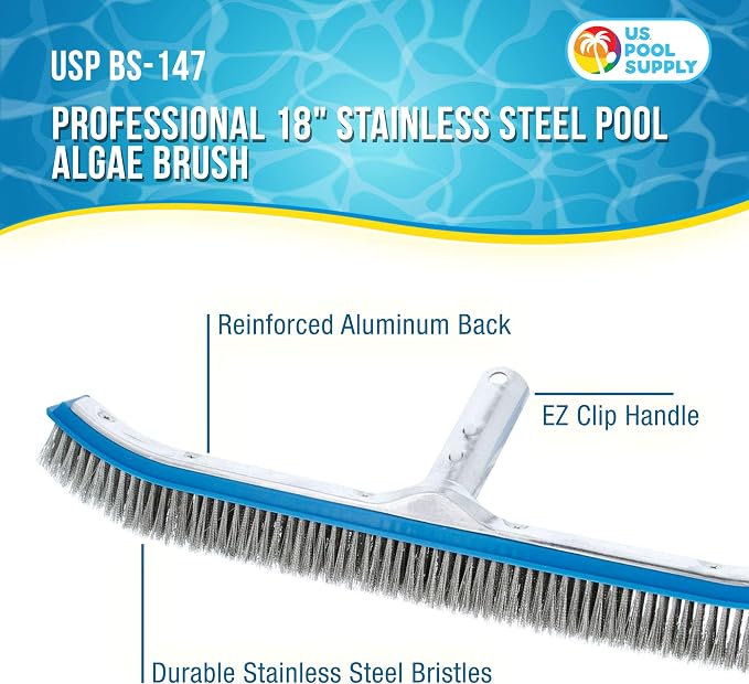 U.S. Pool Supply 18" Pool Brush Head for Inground Pools, Stainless Steel | Pool Brush, Metal Wire Bristles, Scrubbing Scrubber Brushes - Remove Calcium Build-Up on Tiles, Rust Stains on Concrete Walls