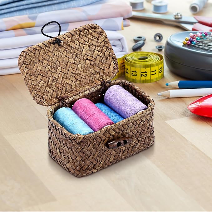 Hipiwe Mini Seagrass Basket Box with Lid Wicker Storage Bins, 4.3x 2.5x2.1" | Small Handwoven Baskets Organizer, Multipurpose Desktop Baskets for Home Decor