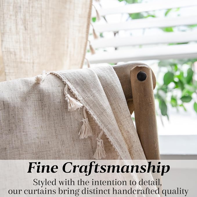 Sutuo Home Boho Curtain for Farmhouse Bedroom, Natural Linen Look Textured Burlap Rod Pocket Chic Light Filtering Bohemian Handmade Tassels Window Treatment for Living Room, 1 Panel 59" W x 108" L
