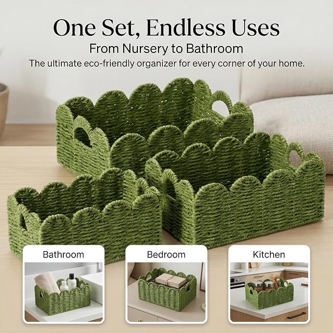 Scalloped Wicker Basket Set of 3, Hand-Woven Storage with Handles | set of 3 green scalloped baskets with handles. Hand-woven paper rope for shelves, bathroom or closet. Stackable, sturdy.