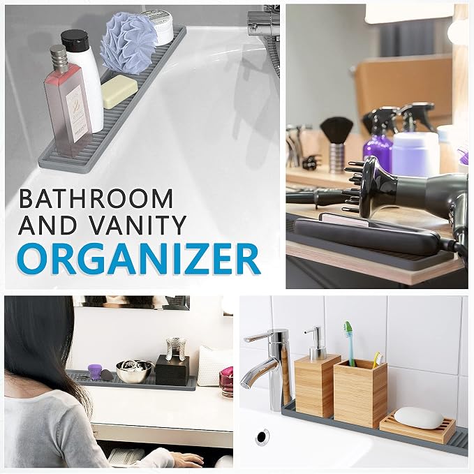 ZAPPOWARE Kitchen Sink Narrow Silicone Holder Tray 17.7"x3.1", Vanity & Bathroom Organizer, Gray (Pack of 2)