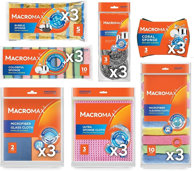 Macromax Cleaning Kit Bundle Sponges Scrubbers Microfiber Cloths Glass Towels Kitchen Set