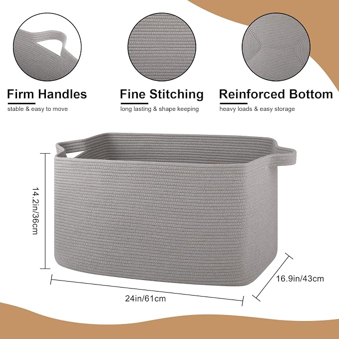 OIASKET Extra Large Blanket Basket, 24" x 16.9" x 14.2" Woven Storage Basket for Living Room, Rectangle Nursery Blanket Storage for Toys, Towels, Dirty Clothes (Light Grey)