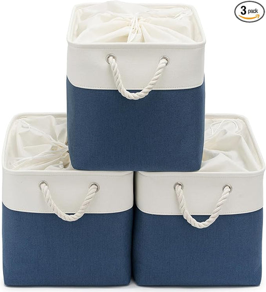16x12x12 In Foldable Fabric Large Storage Bins with Handle 3 Pack | Storage Basket with Draw String Top, Sturdy Metal Strand, Cardboard Support Molding, for Shelf, Closet, Bedroom, White/Blue