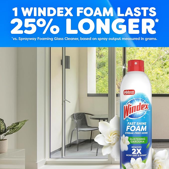 Windex Fast Shine Foam Glass Cleaner, No-Drip Windows, Doors, Mirrors, Countertops Aerosol Cleaning Spray, Streak-Free Shine, Removes Fingerprints, Dust, Dirt, Gardenia Scent, 19 oz (Pack of 6)