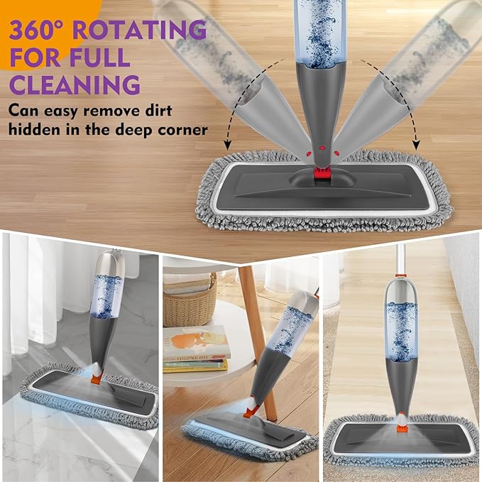 Spray Mop for Hardwood Tile Floor Cleaning with Microfiber Washable Pads | Dry Wet Mops with Sprayer | 800 ml Refillable Bottle | 3 Reusable Mop Pads | Dust Mops for Wood Laminate Vinyl Home Cleaning