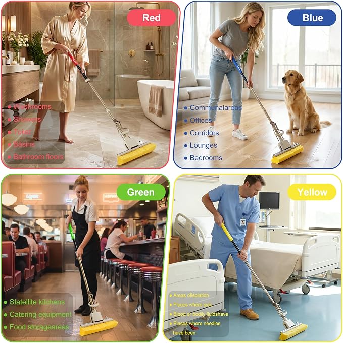 LILAC Cellulose Sponge Mop with 2 Replacement Heads, 4-Color Handle Choices for Zoned Cleaning, Super Absorbent Pop Up Roller Mop for Hardwood,Laminate Floors, Heavy Duty Floor Scrubber (Green)