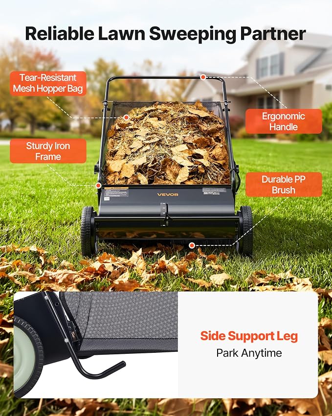 VEVOR Push Lawn Sweeper 26 Inch Leaf & Grass Collector Strong Rubber Wheels | 7 Cu. Ft. Hopper Bag, 4 Spinning Brushes, Adjustable Brush Height, Yard Sweeper for Leaves, Grass Clippings & Pine Needles
