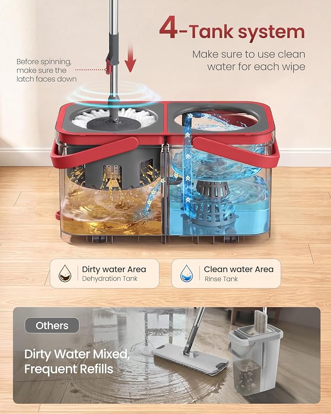 SONGMICS Spin Mop and Bucket Set, 2 Washable Microfiber Mop Heads, Wheels | Separate Clean and Dirty Water, Stainless Steel Wringer, 18.7 x 10 x 9.5 Inch, Gray and Red, CLEMAX Collection ULMB004GT02