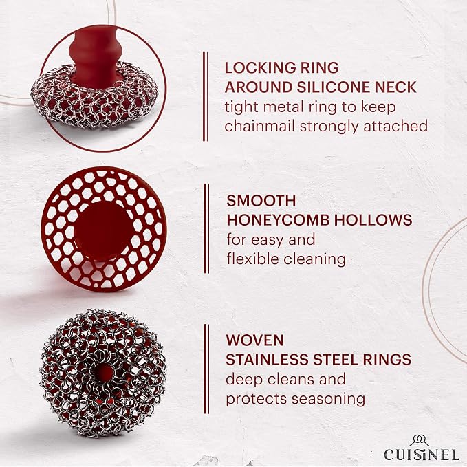 Cast Iron Chainmail Scrubber + Pan Scraper - Ergonomic Stainless and Silicone Cleaner for Pots and Skillets - Premium Food-Safe Design - Easy to Clean Dishwasher Safe Cookware Sponge Kitchen Accessory