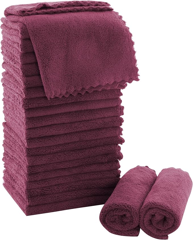 MOONQUEEN Ultra Soft Premium Washcloths Set - 12 x 12 inches - 24 Pack - Quick Drying - Highly Absorbent Coral Velvet Bathroom Wash Clothes - Use as Bath, Spa, Facial, Fingertip Towel (Burgundy)
