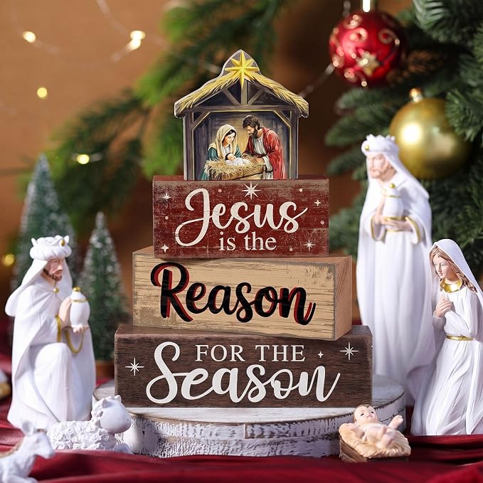 Moucuny 4 Pcs Christmas Table Decor Christian Nativity Scene Wooden Blocks | Tiered Stacked Centerpiece for Shelf Mantel, Rustic Christmas Holiday Decor with Manger Scene Star Topper, Layered Display