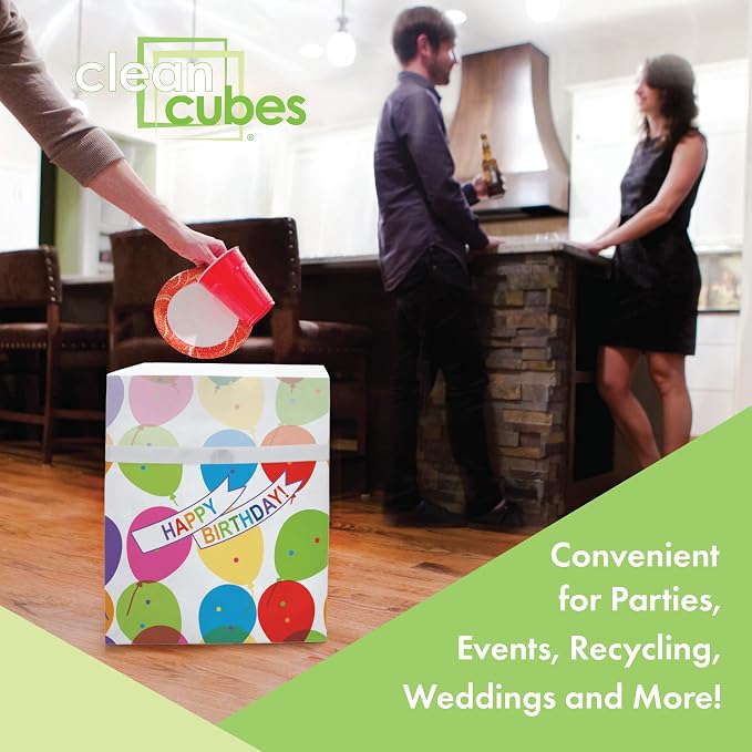 Clean Cubes 13 Gallon Disposable Pop-Up Trash Cans, 6-Pack (Birthday) | One Pack Covers the Whole Party, Place a Bin in Every Corner, No Assembly, Built-In Liner, Toss the Whole Bin When Full