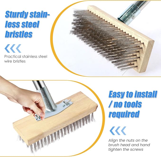 Stainless Steel Deck Scrub Brush with Detachable Long Handle Poles | Adjustable Wire Broom with 4 Detachable Pole Sections, Heavy Duty Metal Wire Floor Scrubber for Garden Cleaning