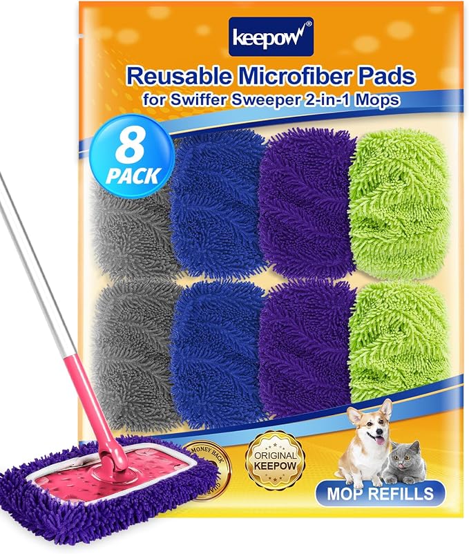 8Pcs Reusable Microfiber Mop Pads Compatible with Swiffer Sweeper Mop | Replacement Wet Mopping pad Refills & Washable Dry Sweeping Cloths for Surface/Hardwood Floor Cleaning