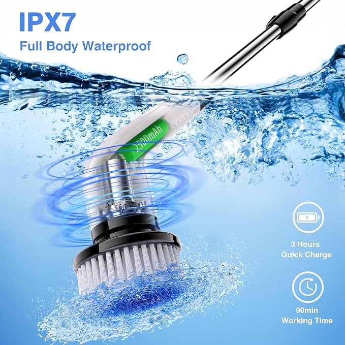 Electric Spin Scrubber, Full Body Waterproof Cordless Cleaning Brush with 7 Replaceable Brush Heads Power Scrubber Shower Adjustable & Detachable Handle for Bathroom, Tub, Tile, Floor, Car