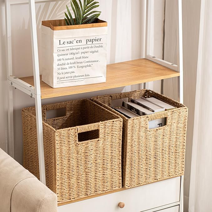 Foldable Storage Baskets with Handles Paper Rope Storage Baskets Rectangle Collapsible Hand Woven Storage Cubes Bins for Organizing Shelves Living Room Bedroom Pantry (4, 11'' x 11'' x 11'')