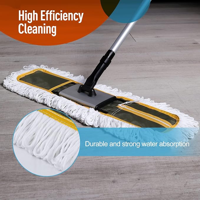 CLEANHOME 24" Commercial Dust Mop with 59" Extendable Long Handle | Heavy Duty Floor Mop, Hotel Gym Garage Hospital Household Cleaning Supplies, For Hardwood, Tiles, Marble Floors