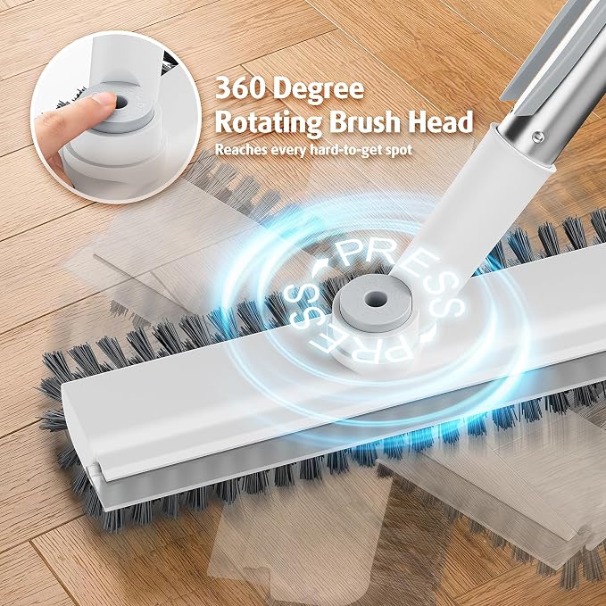 AIR U+ Floor Scrub Brush with Long Handle, 4 in 1 Floor Scrubber & Squeegee | Small Scrubber with Stiff Dual-Sided Bristles and Rotating Head for Shower, Bathroom, Bathtub, Kitchen and Patio, White