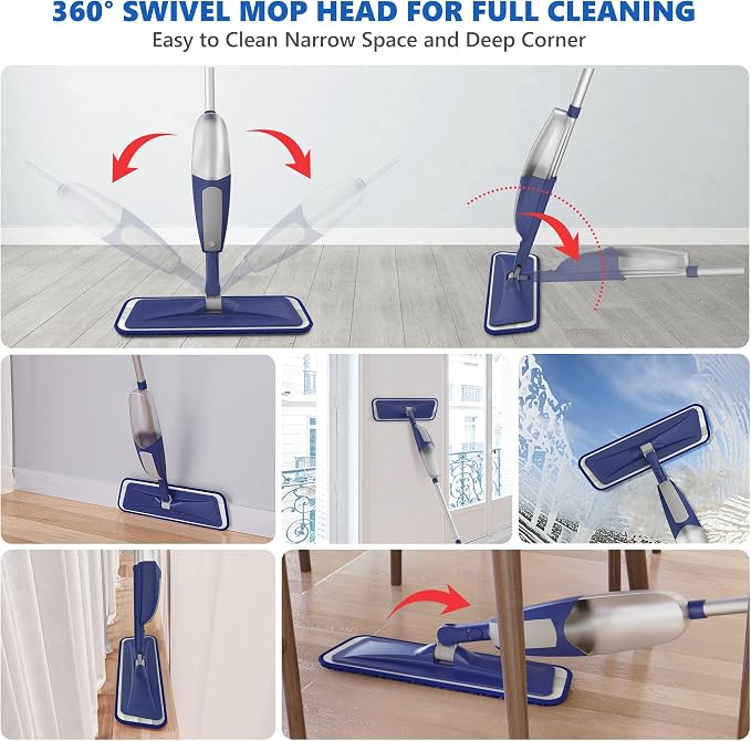 BPAWA Spray Mops for Floor Cleaning: Wet Microfiber Mop for Hardwood Tile | 4 Washable Pads fit for Swiffer PowerMop, 1 Refillable Bottle, Wet Dry Use for Home Kitchen Wood Laminate Vinyl Marble Floors